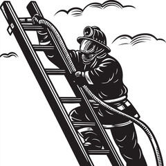 Firefighter climbing ladder with hose Silhouette vector