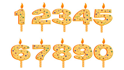 A set of festive illustrated candles in the shape of numbers from 0 to 9 