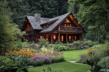 A charming log cabin nestled in a lush forest, surrounded by vibrant flowers and greenery.
