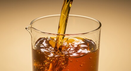 Amber Liquid Pouring into Glass Beaker - Golden liquid flows into a clear beaker, symbolizing purity, process, precision, transformation, and flow