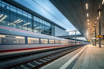 Obraz premium High-speed Train Passing Through Modern City Station at Dusk Generative AI