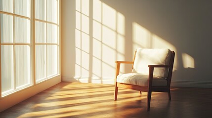 Fototapeta premium A minimalist living room featuring a wooden frame against a white wall. Sunlight streams through a large window, casting warm shadows on the floor. A comfortable chair with a soft cushion is placed ne