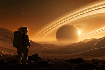 Astronaut exploring alien planet with ringed planet in background