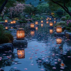 A tranquil Japanese garden at night, stone lanterns softly illuminating a koi pond, cherry blossom petals floating on the water?? surface