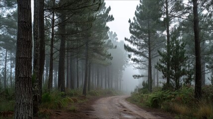 Fototapeta premium Mysterious fog envelops a winding dirt road.