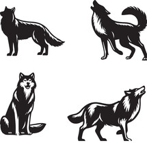 Set of wolf silhouette vector-bold black wild animal illustrations 