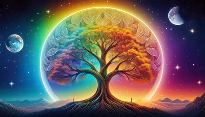 Tree of Life in the shape of the Planets rainbow in the Night Skyline 