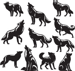 Set of wolf silhouette vector-bold black wild animal illustrations 