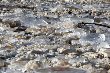 
a sandy surface covered with many pieces of ice.