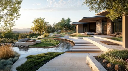 Obraz premium Modern Stone House with Expansive Garden and Serene Water Feature at Sunset