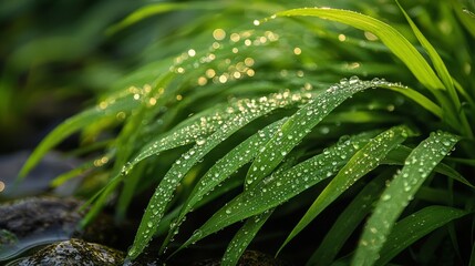 Fototapeta premium Dew-covered grass sparkling in the early morning sunlight, with tiny water droplets creating a soft and luminous texture