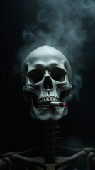 Skeleton face close-up with a cigarette dangling from the mouth, surrounded by dense smoke, highlighting death and addiction