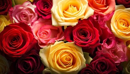 Obraz premium Realistic close-up of red, pink, yellow and white roses, arranged naturally