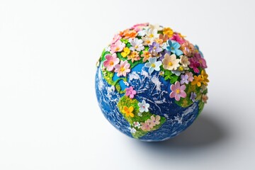 Obraz premium A handcrafted globe adorned with colorful flowers, symbolizing a blossoming Earth and environmental preservation.