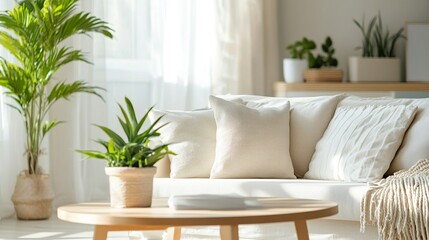 A serene living room featuring a white sofa with plush cushions, a wooden coffee table, and a potted plant. The space is bathed in natural light, creating a calm and inviting atmosphere.