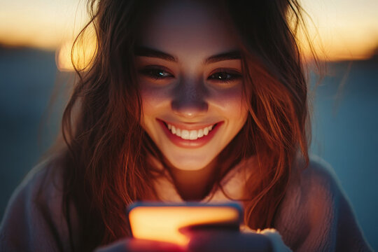 Woman holding glowing light smartphone.