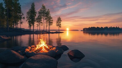 A serene scene of a campfire burning brightly on a ring of rocks in the middle of a calm lake, with the silhouettes of trees on the far shore and the soft glow of dusk in the sky.
