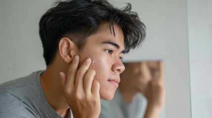Young man applying serum while grooming.