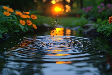 A tranquil pond reflecting liquid light during a sunset, with gentle ripples creating mesmerizing patterns on the surface, surrounded by lush greenery and vibrant flowers.