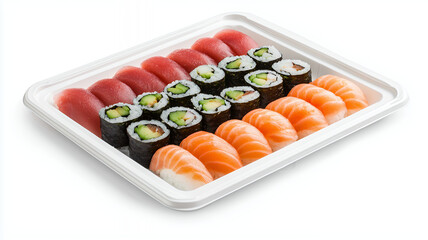 Sushi platter featuring various types of sushi including tuna, salmon, and cucumber rolls, beautifully arranged for enjoyment