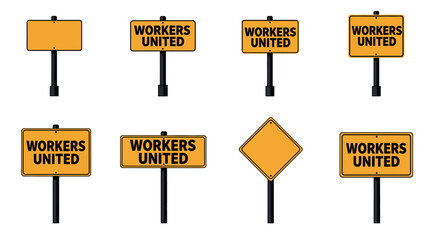 Signs featuring Workers United message in flat vector illustration style for social advocacy campaigns