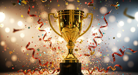 A golden trophy gleaming amidst a celebratory explosion of confetti and ribbons, a symbol of hard-earned victory and triumphant success.