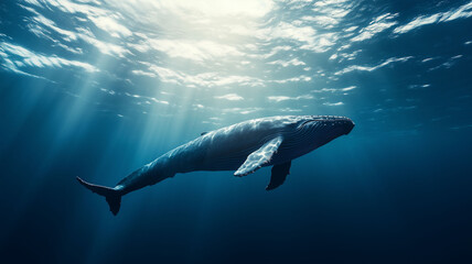 Fototapeta premium A Majestic Whale Gliding Through the Endless Ocean with Soft Sunlight Illuminating Its Powerful Form (1)