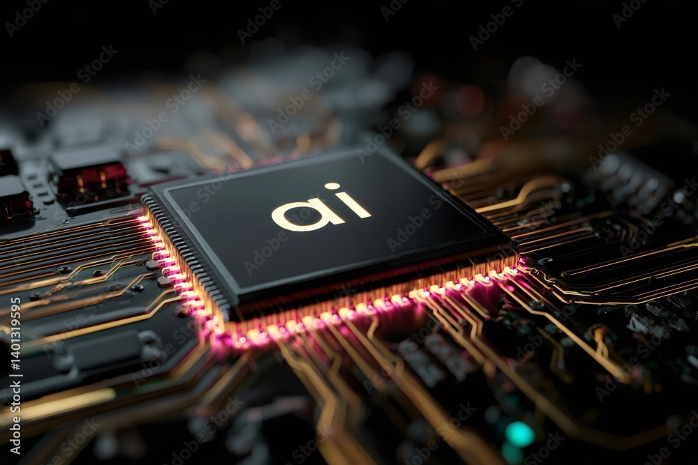Poster artificial intelligence chip glowing on circuit board, futuristic technology
