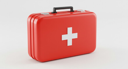 Obraz premium A bright red first-aid kit, a symbol of hope and readiness, sits against a clean white background, promising aid and safety.