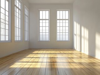 Obraz premium A freshly renovated room with gleaming wooden floors, awaiting its new inhabitants The space is modern and uncluttered, ideal for showcasing new designs or furniture