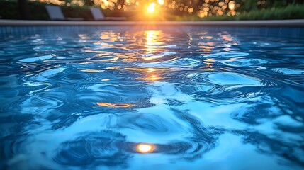 A tranquil sunset reflecting on the surface of a still pool, warm golden hues