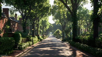 Pixelated Residential Street Lined With Trees And Sunlight