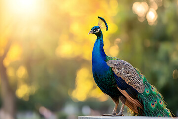 vibrant peacock stands gracefully, showcasing its stunning blue and green plumage against warm, sunlit background