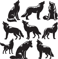 Set of wolf silhouette vector-bold black wild animal illustrations 