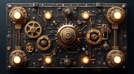 Fototapeta premium Brass gear machine on texture steel background high resolution picture