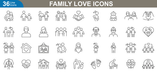 Family love icons set. Vector illustrations representing parenthood, pregnancy, grandparent affection, home, care, emotional connections in minimal flat line design style.