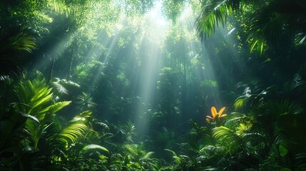 Fototapeta premium Lush rainforest canopy, sunlight filtering through dense foliage