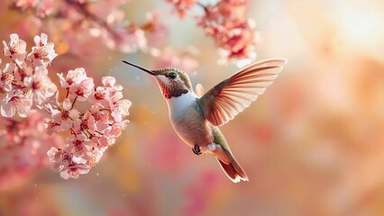 A hummingbird flies in front of blooming spring blossoms. Its wings are spread, and it is getting nectar from flowers.