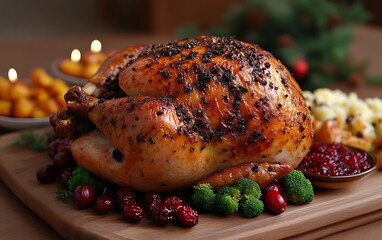 Roasted turkey with cranberry sauce and side dishes.