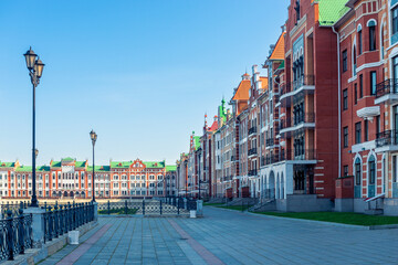 The picturesque embankment of Bruges in Yoshkar-Ola is made in the old European style of Flemish motifs, Northern Gothic, Old Russian style. Russia