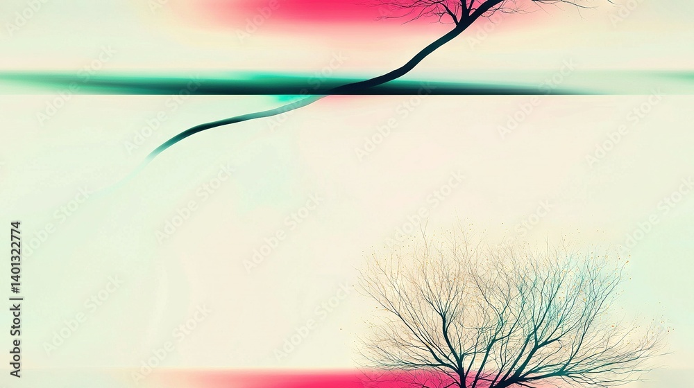 Wall mural a tree without leaves is positioned in front of a blend of pink and green background, while another 