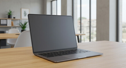 Fototapeta premium A sleek silver laptop rests on a light wood desk in a modern, bright office, ready for the workday's challenges.