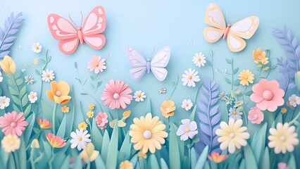 Obraz premium A charming illustration of butterflies fluttering among flowers. The scene is adorned with various paper-cut flowers in pastel hues