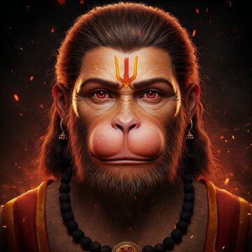 Detailed close-up portrait of Lord Hanuman with piercing eyes and a powerful, resolute expression.