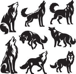 Set of wolf silhouette vector-bold black wild animal illustrations 
