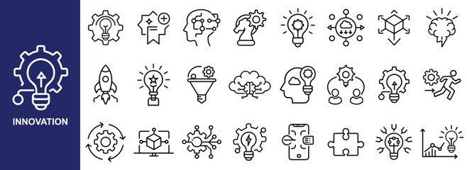 Set of Innovation Icons – Creativity, Strategy, AI, Invention, Growth & Light Bulb Concept 