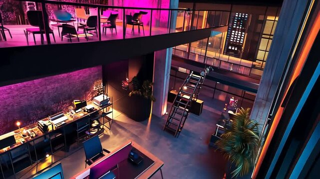 Creative Urban Workspace with Mezzanine Level and Ambient Lighting, Ideal for Modern Business