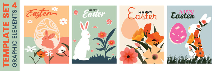 Easter Set and happy greeting card poster Holiday with floral cover Template