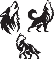 Set of wolf silhouette vector-bold black wild animal illustrations 