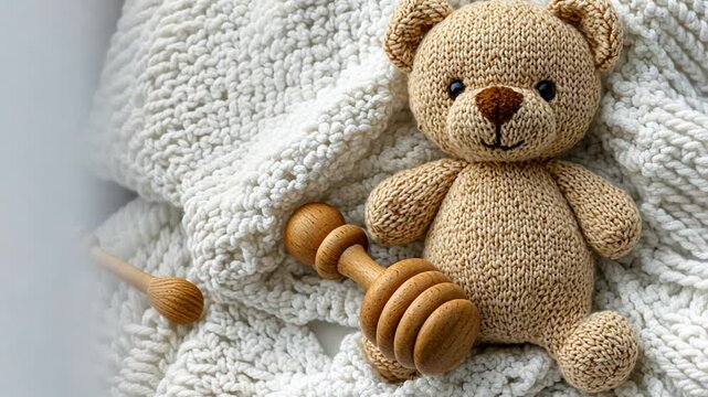 Cute knitted teddy bear and wooden rattle on a soft white knitted blanket background